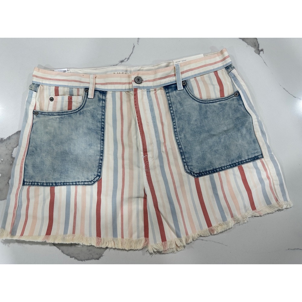 American Eagle Mom Shorts Striped Denim Pocket Fringe Hem Size‎ 16 High Rise